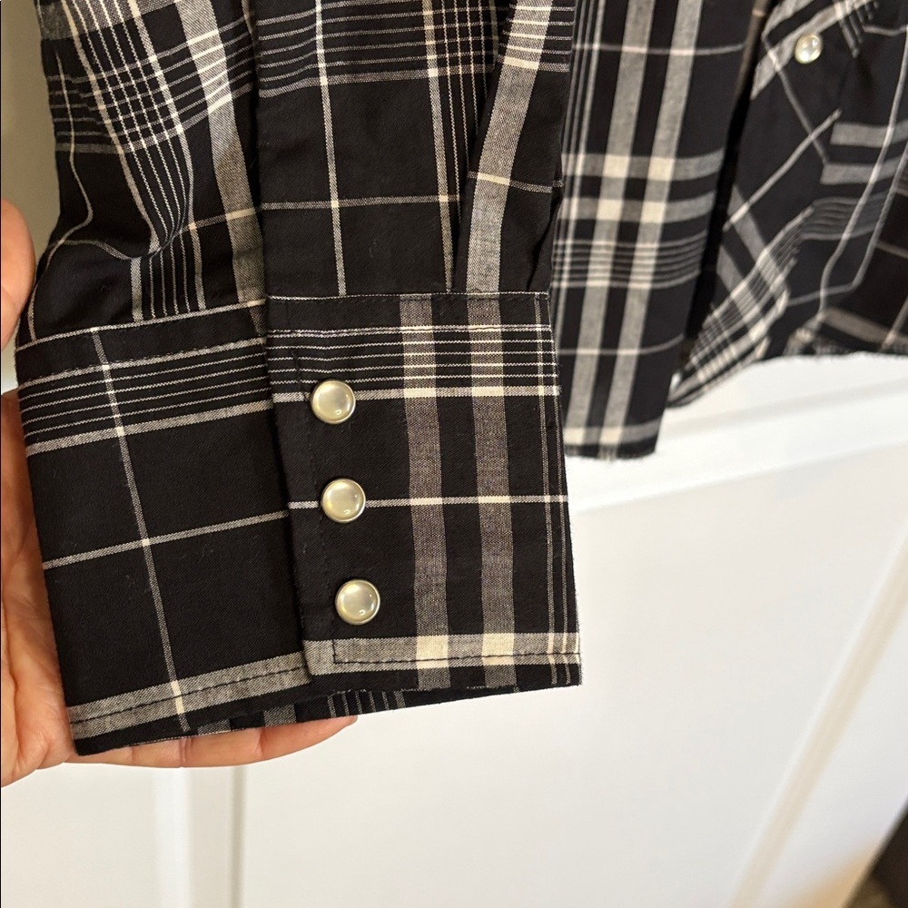 Wrangler Western Plaid Shirt Pearl Snap Long Sleeve Black White Size Large - Picture 6 of 12